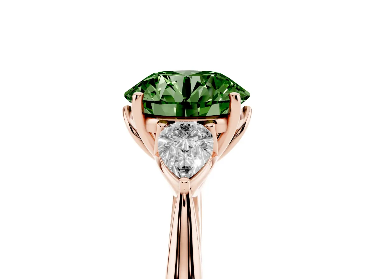 Fancy Green Three-Stone Round Cut Diamond Ring with Pear Side Stones in Four-Prong Setting Rose gold