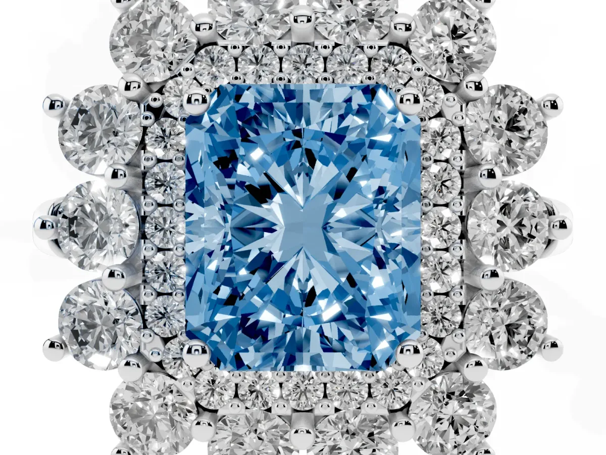 Fancy Blue Radiant Cut Diamond Floral Double Halo Engagement Ring with Prong Setting Platinum