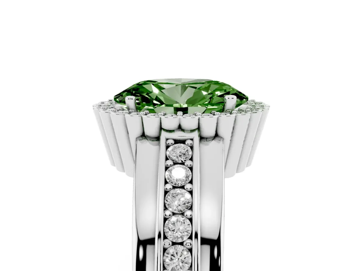 Fancy Green Oval Cut Cut Halo Pave Band Four-Prong Ring Silver