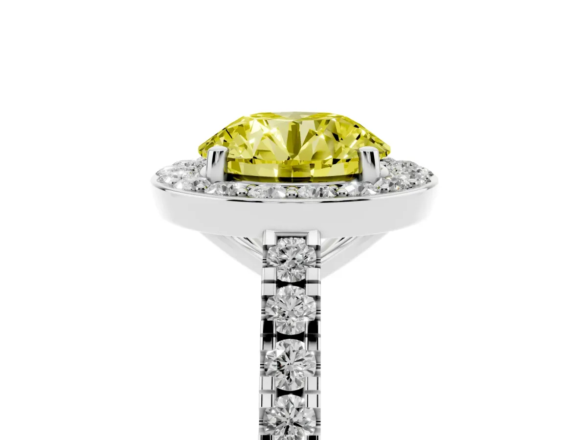 Fancy Yellow Round Cut Diamond Halo Ring with Round Pavé Split Shank and Prong Setting Silver