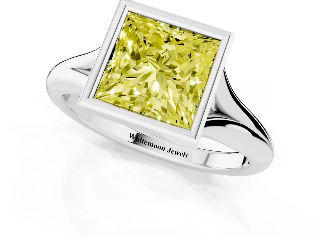 Fancy Yellow Bezel Set Princess Cut Solitaire Diamond Ring with Smooth Band Silver
