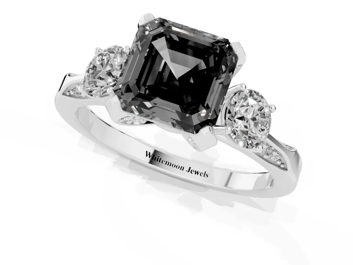 Fancy Black Asscher Cut Brilliant Three-Stone Diamond Ring with Pavé Band and Four-Prong Setting Silver