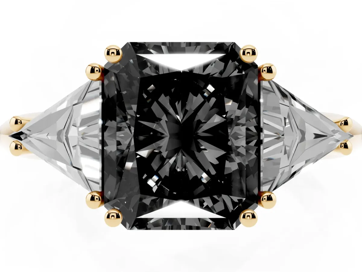 Fancy Black Three-Stone Radiant Cut Diamond Engagement Ring with Trillion Side Stones and Prong Setting Yellow gold