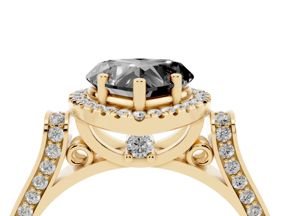 Fancy Black Heart Cut Halo Round Diamond Twist Band with Four-Prong Setting Yellow gold