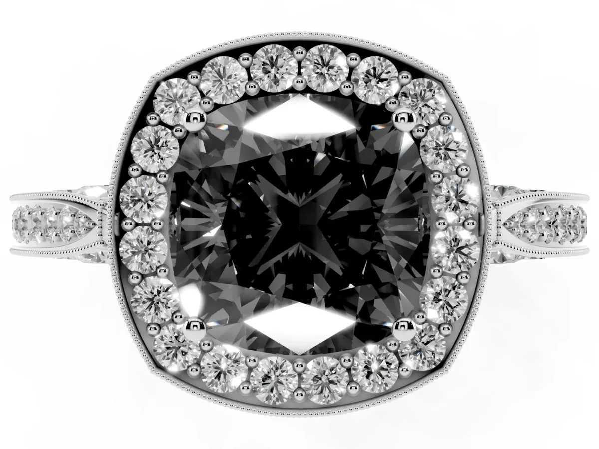 Fancy Black Cushion Cut Halo Diamond Engagement Ring with Split Shank Band and Four-Prong Setting Silver