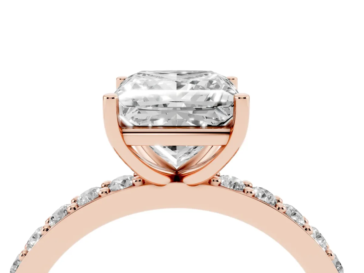 Princess Cut Cut Diamond Solitaire with Pave Band and Four-Prong Setting Rose gold