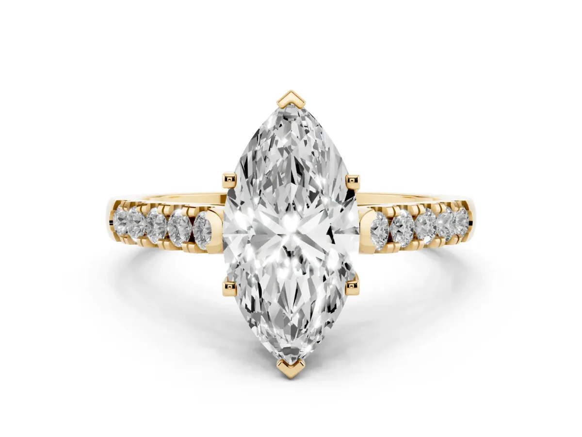 Marquise Cut Diamond Pavé Band Solitaire Ring with Prong Setting Yellow gold
