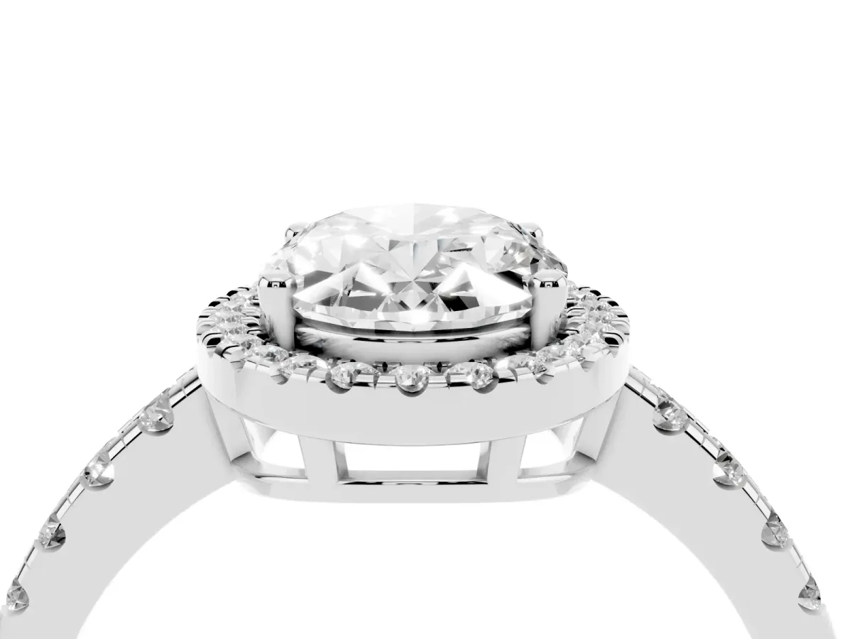 Oval Cut Diamond Halo Ring with Pavé Band and Four-Prong Setting Platinum