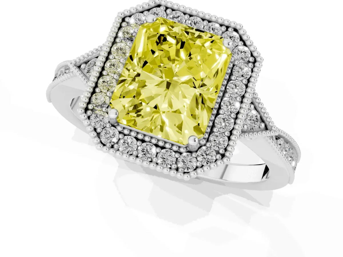 Fancy Yellow Radiant Cut Halo Round Diamond Milgrain Pave Engagement Ring Platinum