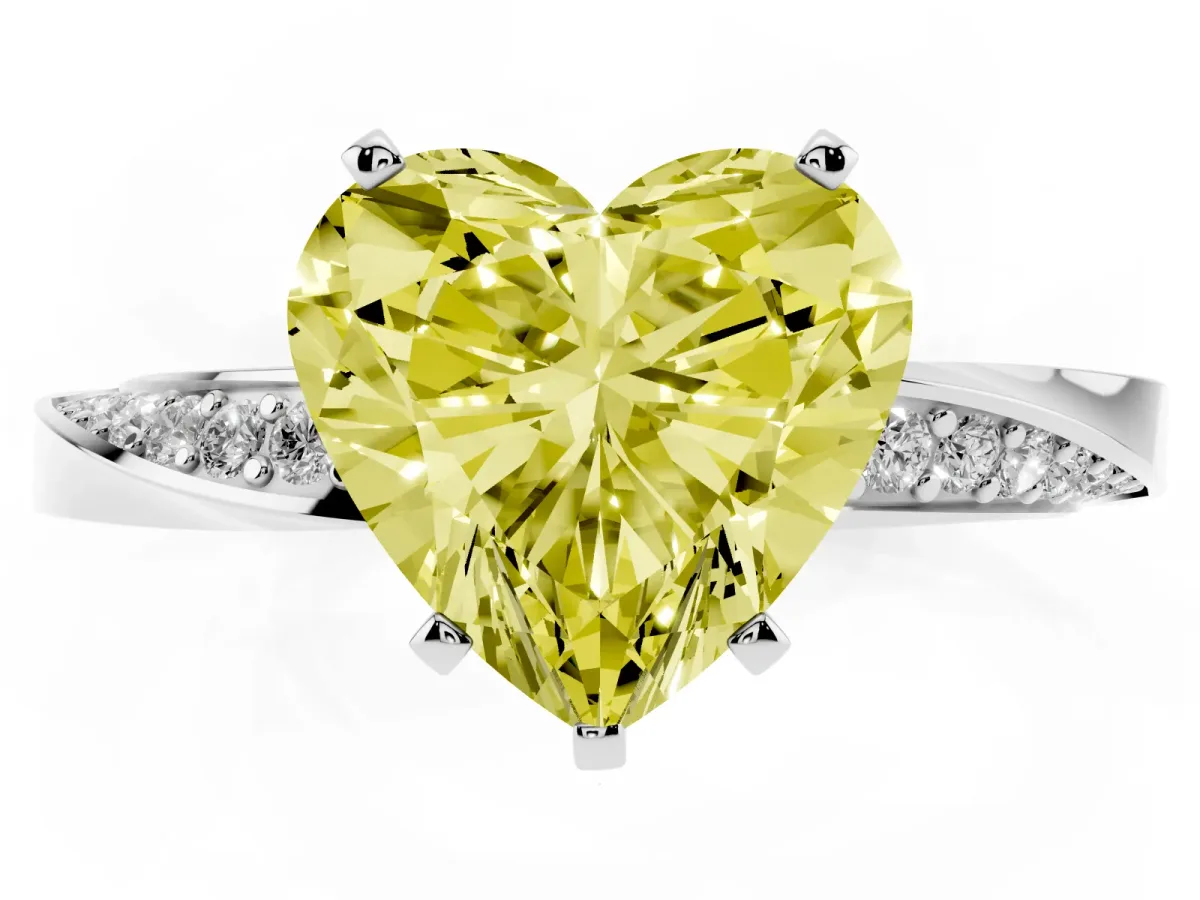 Fancy Yellow Heart Cut Diamond Engagement Ring with Side Stone Accents and Four-Prong Setting Silver
