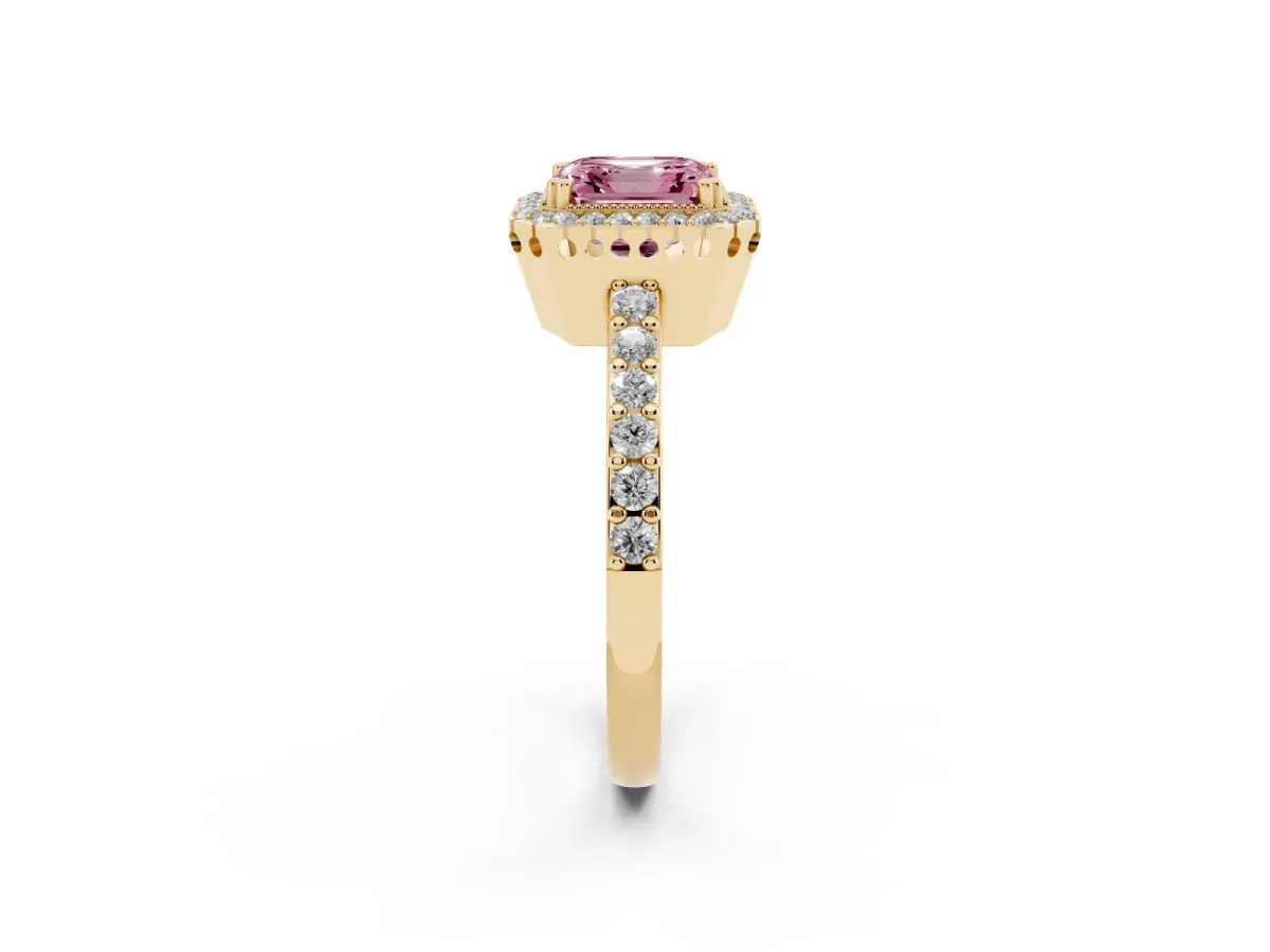 Fancy Pink Asscher Cut Cut Diamond Halo Engagement Ring with Milgrain Detail and Pavé Band Yellow gold