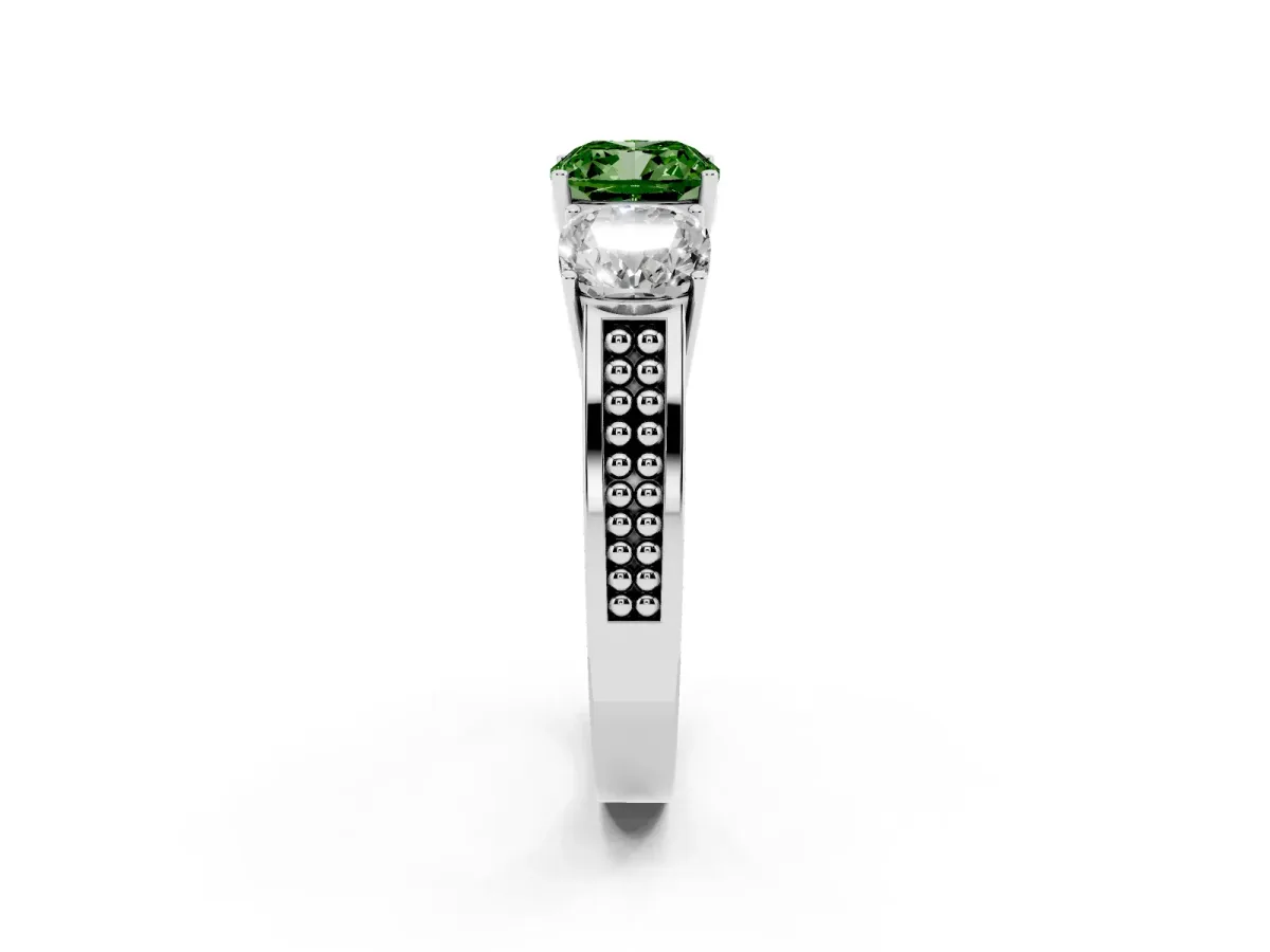 Fancy Green Cushion Cut Diamond Three-Stone Ring with Prong Setting and Textured Band Silver