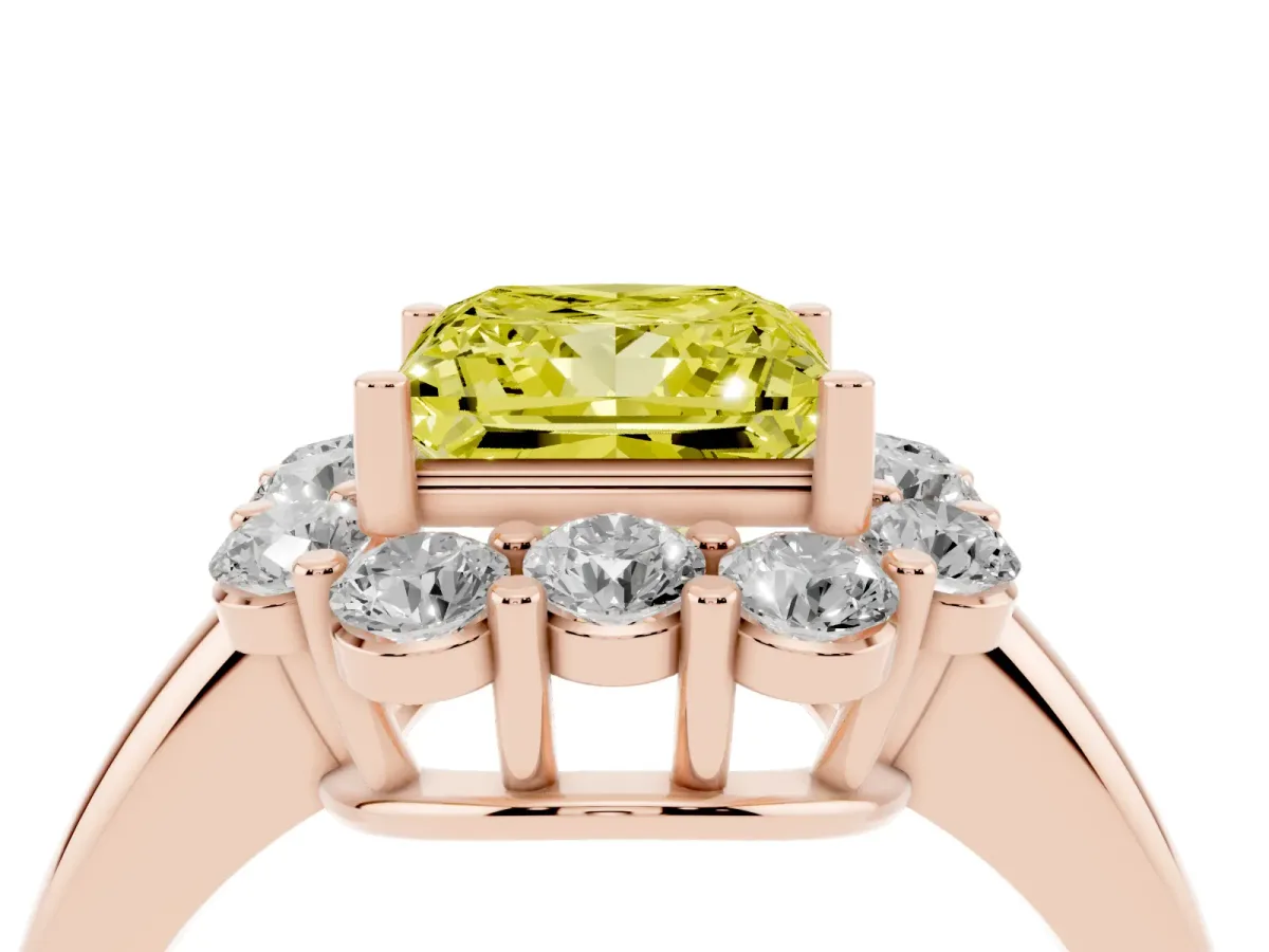 Fancy Yellow Princess Cut Halo Milgrain Solitaire with Bezel Set Side Stones and Pave Band Rose gold
