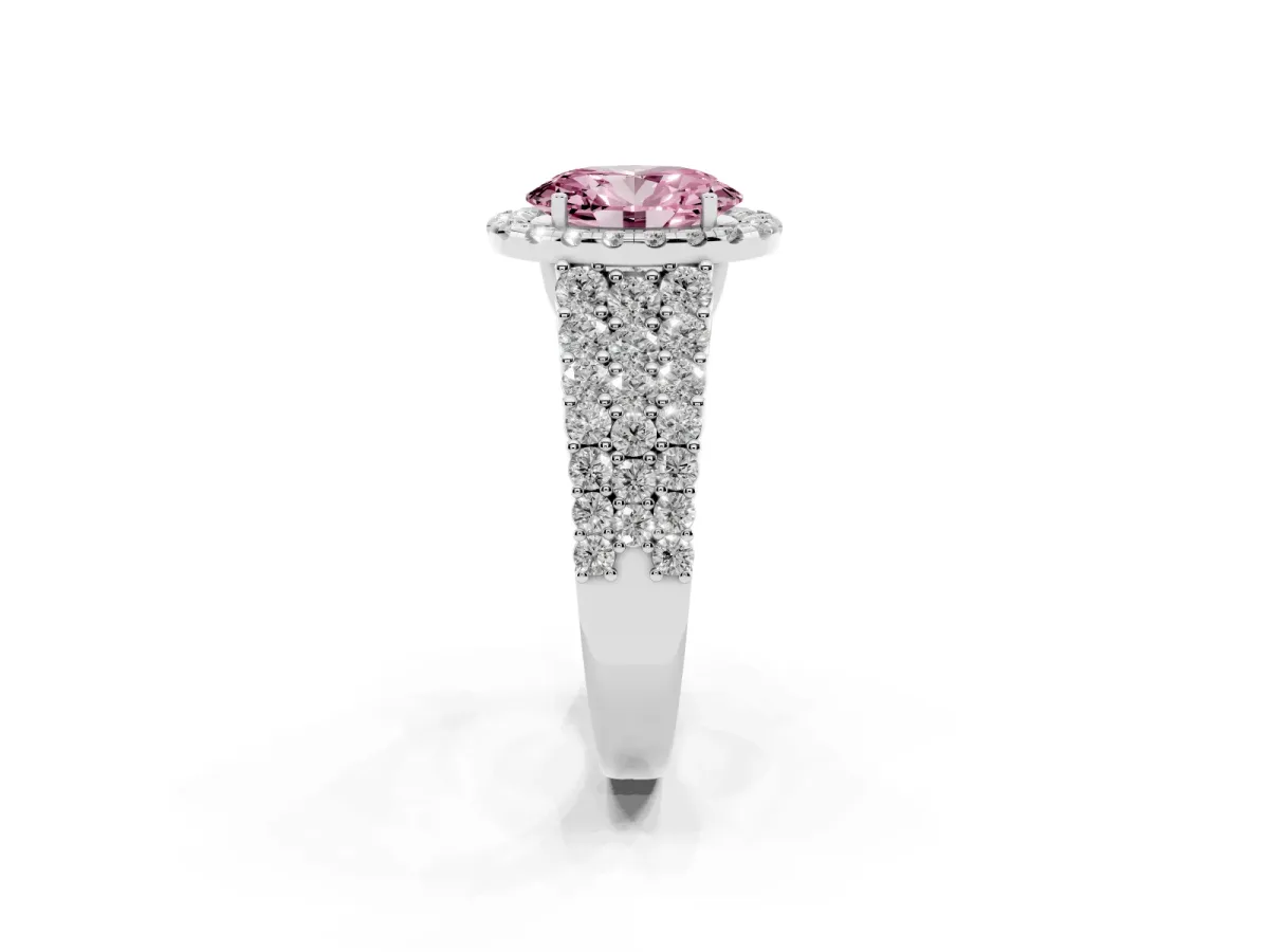 Fancy Pink Oval Cut Diamond Halo Engagement Ring with Triple Row Round Pavé Band and Prong Setting Platinum