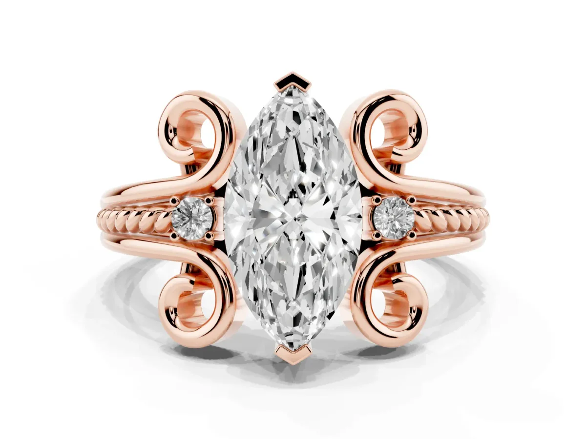 Marquise Cut Solitaire Twisted Band Scroll Prong Ring Rose gold
