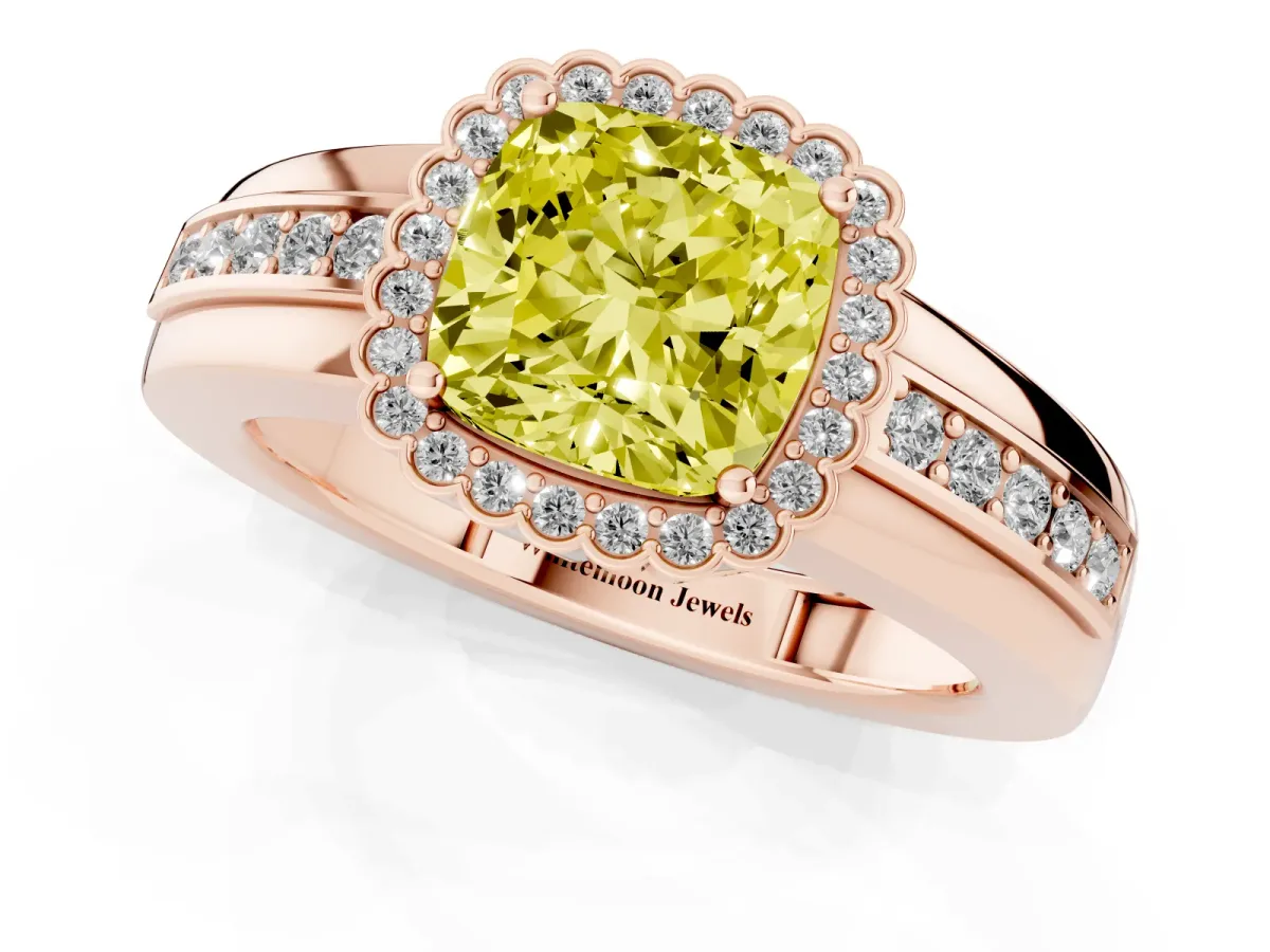 Fancy Yellow Cushion Cut Cut Halo Pave Band Four-Prong Ring Rose gold