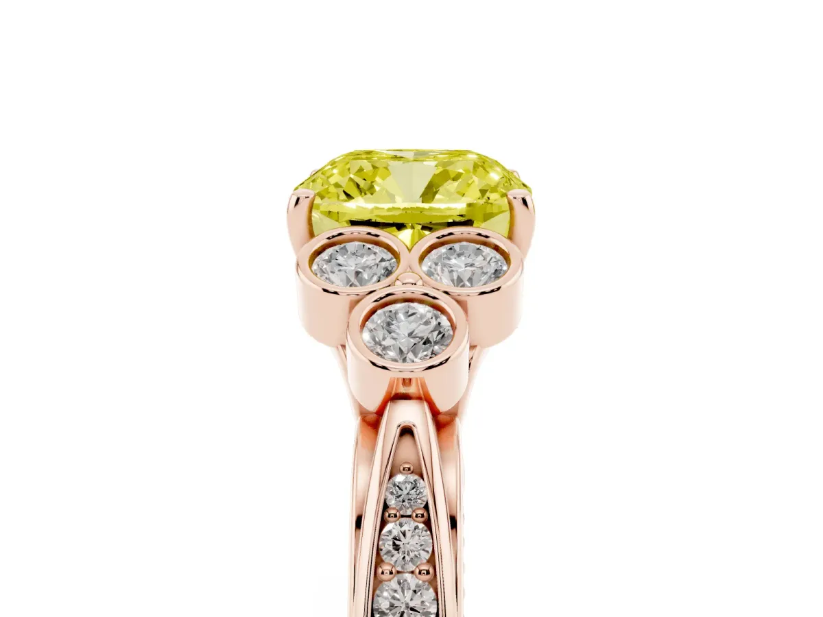 Fancy Yellow Cushion Cut Cut Diamond Engagement Ring with Bezel Set Round Side Stones and Prong Setting Rose gold