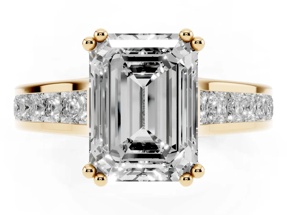 Emerald Cut Cut Channel Set Solitaire Engagement Ring with Prong Setting Yellow gold