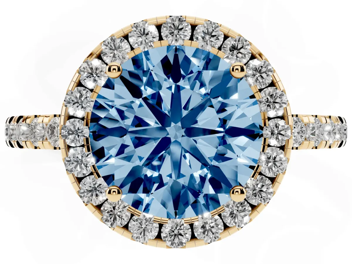 Fancy Blue Round Cut Halo Diamond Engagement Ring with Pavé Band and Four-Prong Setting Yellow gold