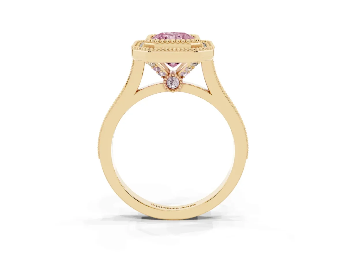 Fancy Pink Radiant Cut Diamond Halo Ring with Milgrain Frame and Pavé Band Yellow gold