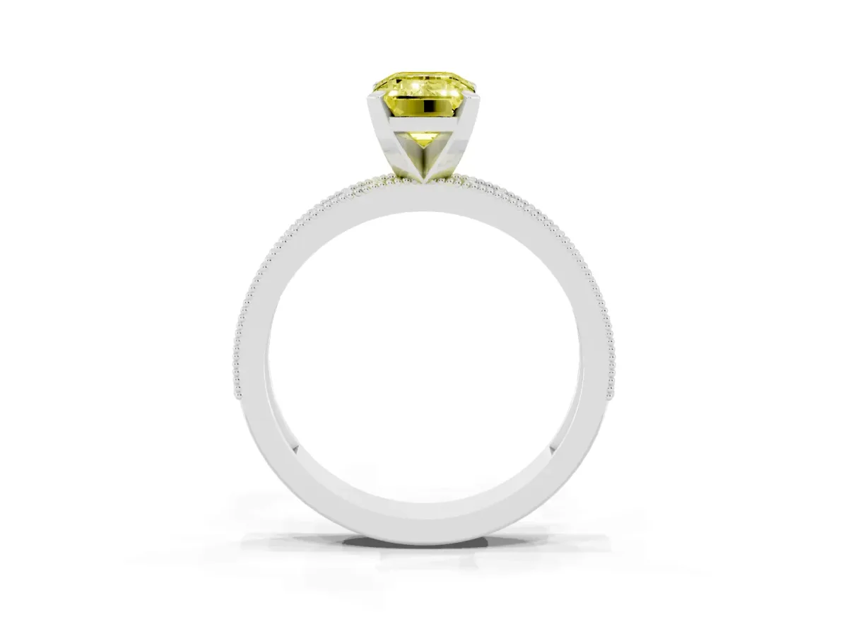 Fancy Yellow Emerald Cut Diamond Milgrain Pavé Engagement Ring with Four-Prong Setting Silver