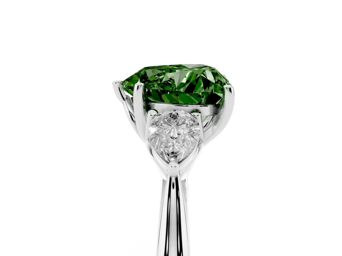 Fancy Green Heart Cut Diamond Three-Stone Ring with Pear Side Stones and Prong Setting Platinum