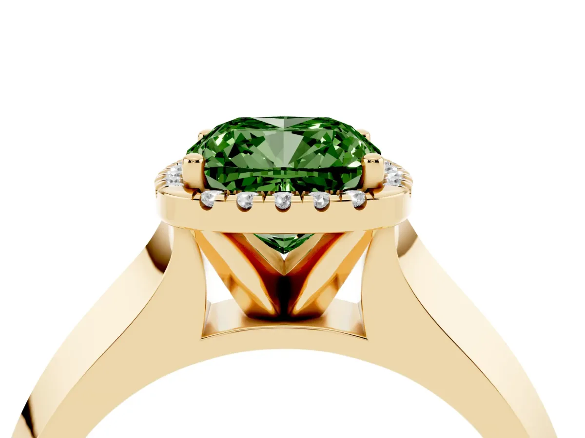 Fancy Green Cushion Cut Halo Diamond Ring with Cathedral Band and Four-Prong Setting Yellow gold