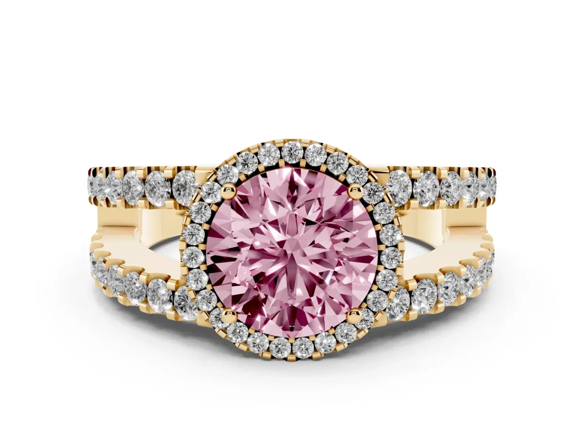 Fancy Pink Round Cut Cut Halo Split Shank Diamond Ring with Four-Prong Setting Yellow gold