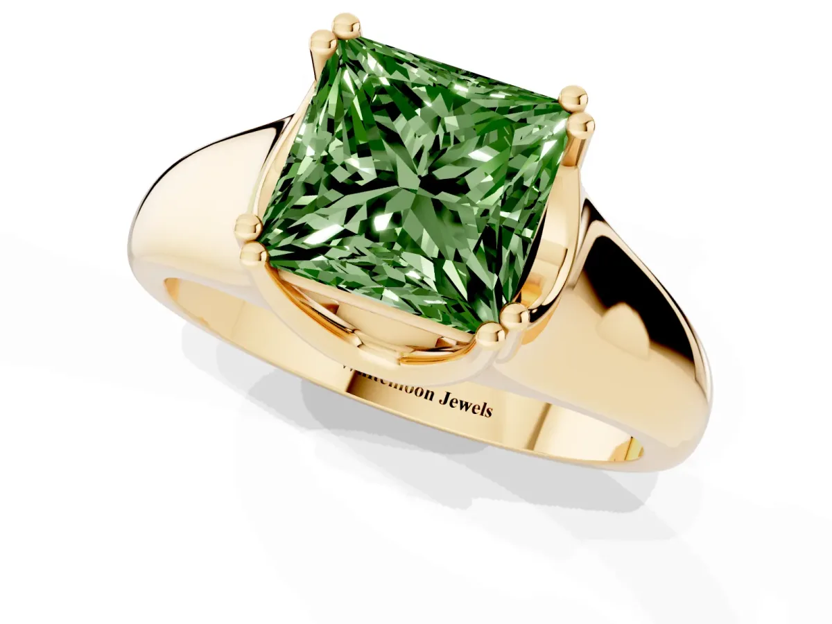 Fancy Green Princess Cut Diamond Solitaire Ring with Wide Band and Prong Setting Yellow gold