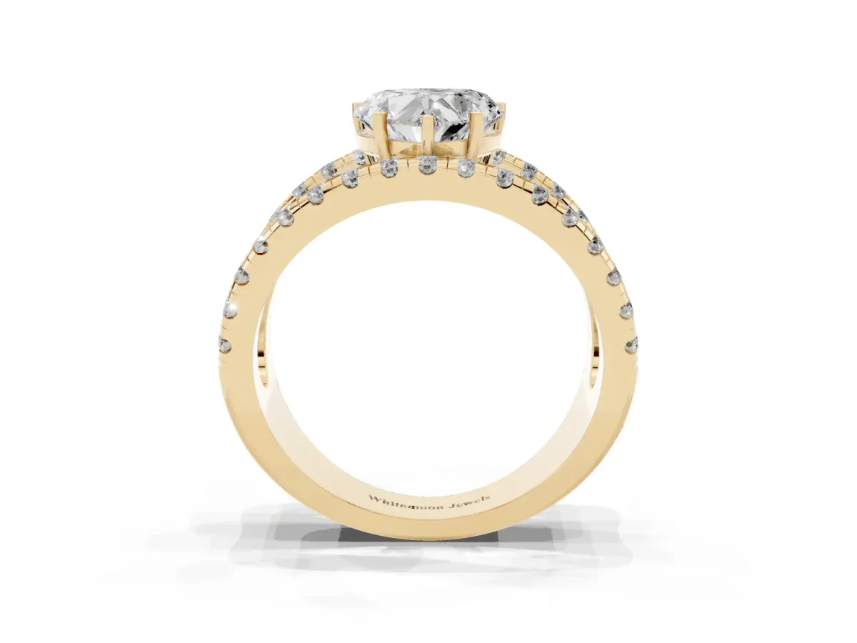 Heart Cut Solitaire Split Shank Pave Diamond Ring Yellow gold