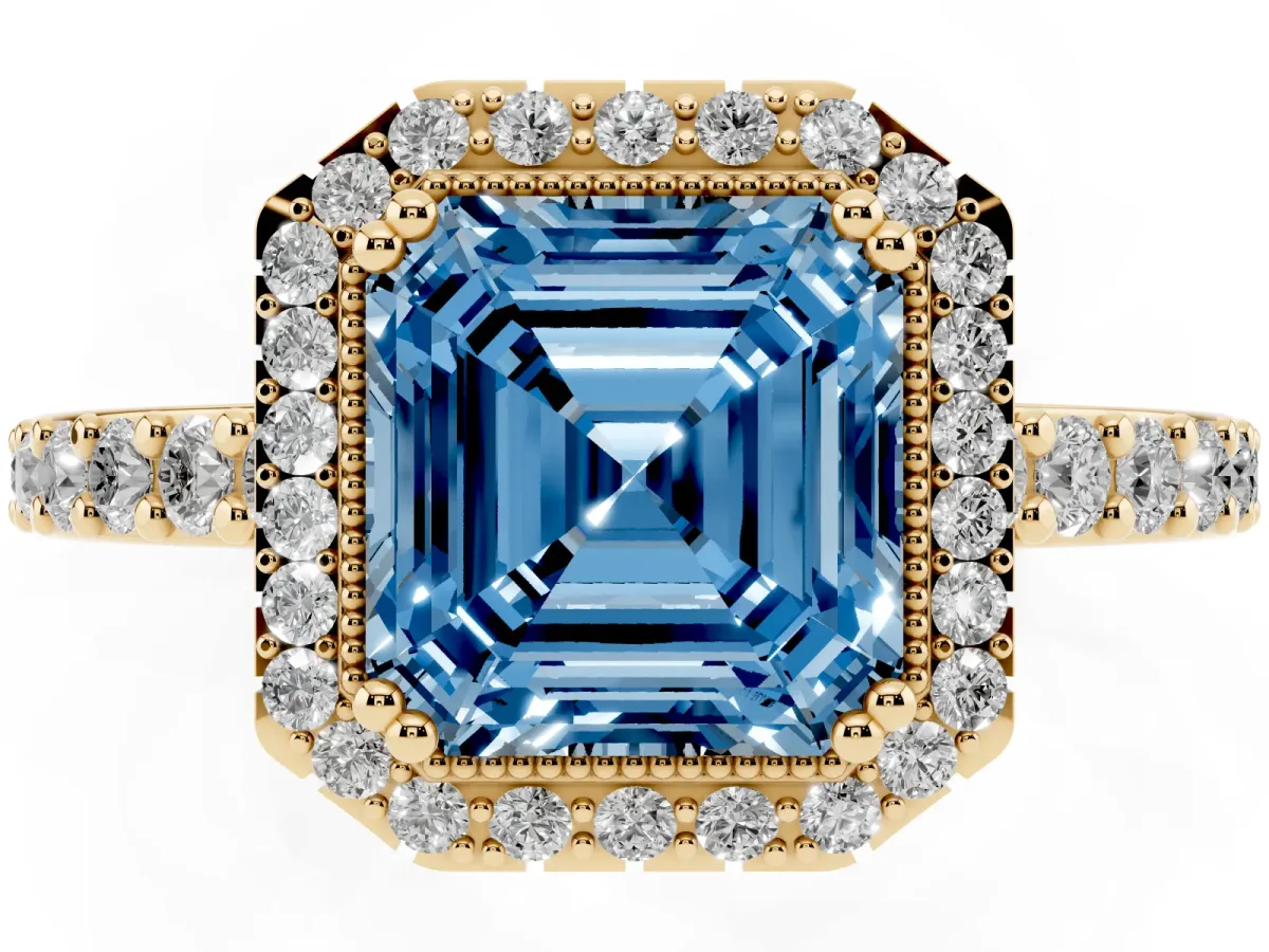 Fancy Blue Asscher Cut Cut Diamond Halo Engagement Ring with Milgrain Detail and Pavé Band Yellow gold