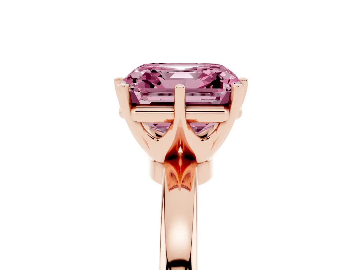 Fancy Pink Asscher Cut Solitaire Diamond Ring with Six-Prong Setting on a Classic Band Rose gold