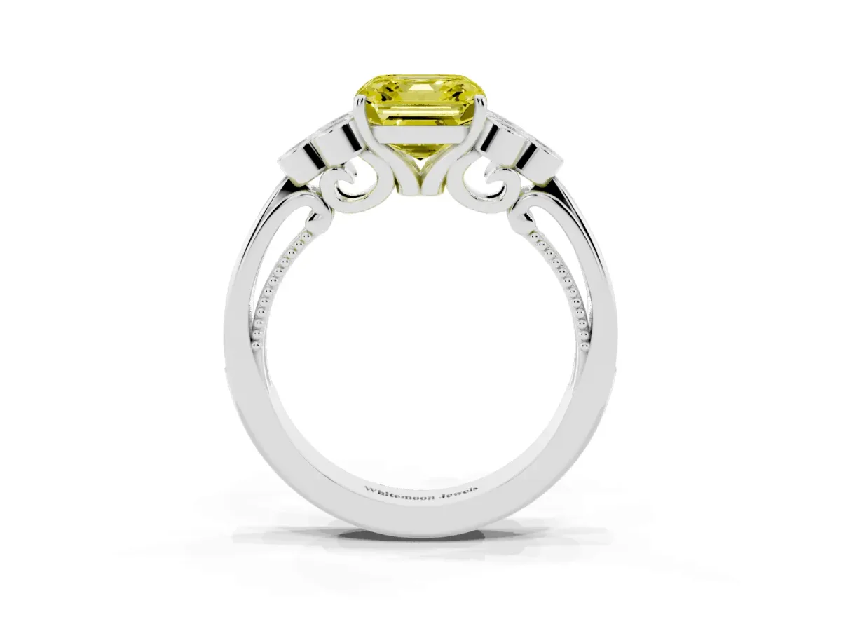 Fancy Yellow Asscher Cut Cut Diamond Engagement Ring with Bezel Set Round Side Stones and Prong Setting Silver