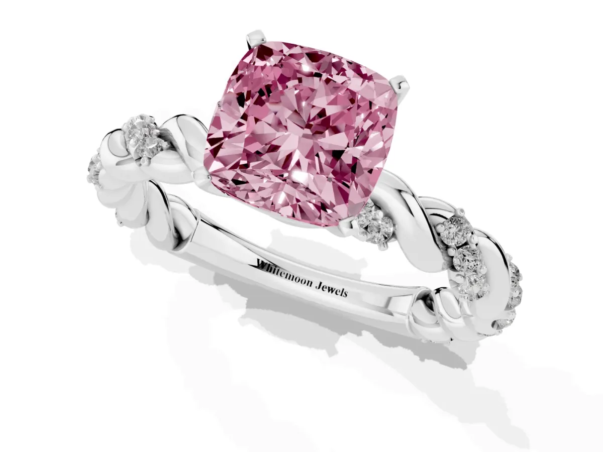 Fancy Pink Cushion Cut Diamond Solitaire Ring with Twisted Band and Pavé Accents Platinum