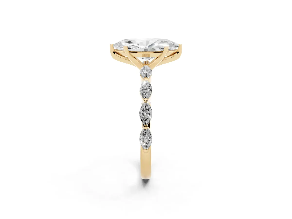 Marquise Cut Diamond Ring with Marquise Side Stones and Prong Setting Yellow gold