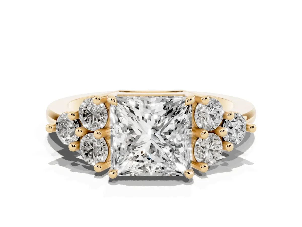 Princess Cut Brilliant Diamond Cluster Accent Solitaire Ring with Prong Setting Yellow gold