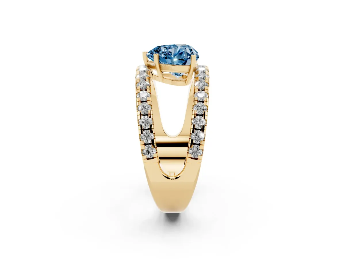 Fancy Blue Heart Cut Solitaire Split Shank Pave Diamond Ring Yellow gold