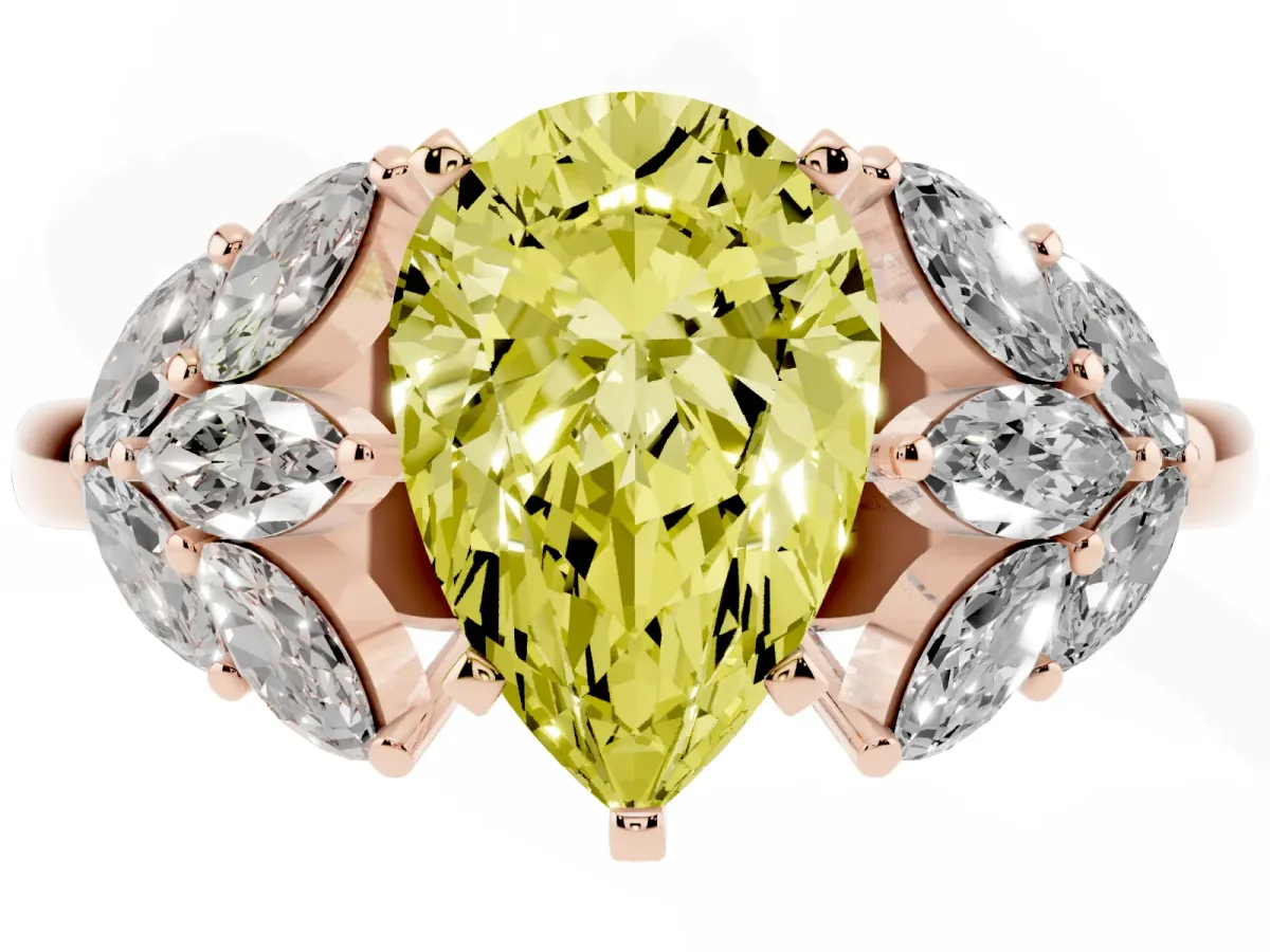 Fancy Yellow Pear Cut Diamond Cluster Leaf Design Ring with Prong Setting Rose gold