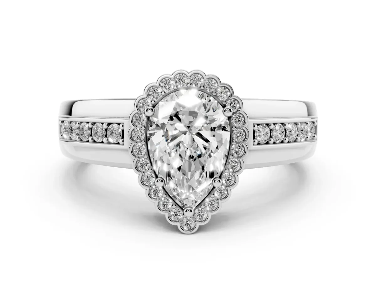 Pear Cut Cut Halo Pave Band Four-Prong Ring Silver