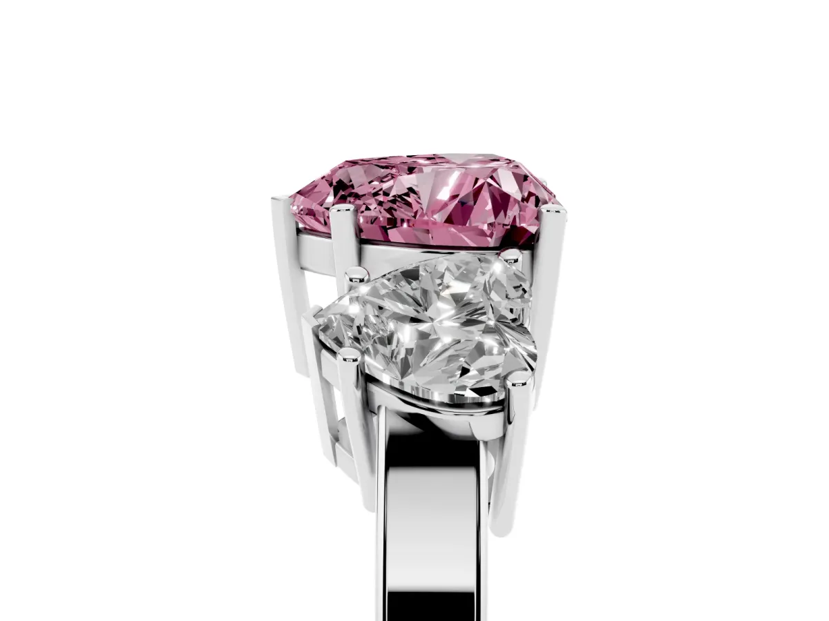 Fancy Pink Three-Stone Heart Cut Cut Diamond Engagement Ring with Flat Band and Four-Prong Setting Silver