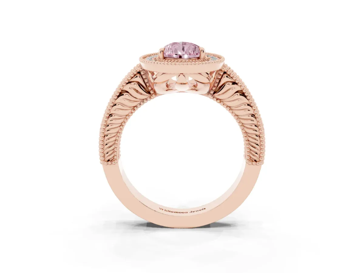 Fancy Pink Pear Cut Cut Halo Diamond Ring with Pavé Band and Four-Prong Setting Rose gold