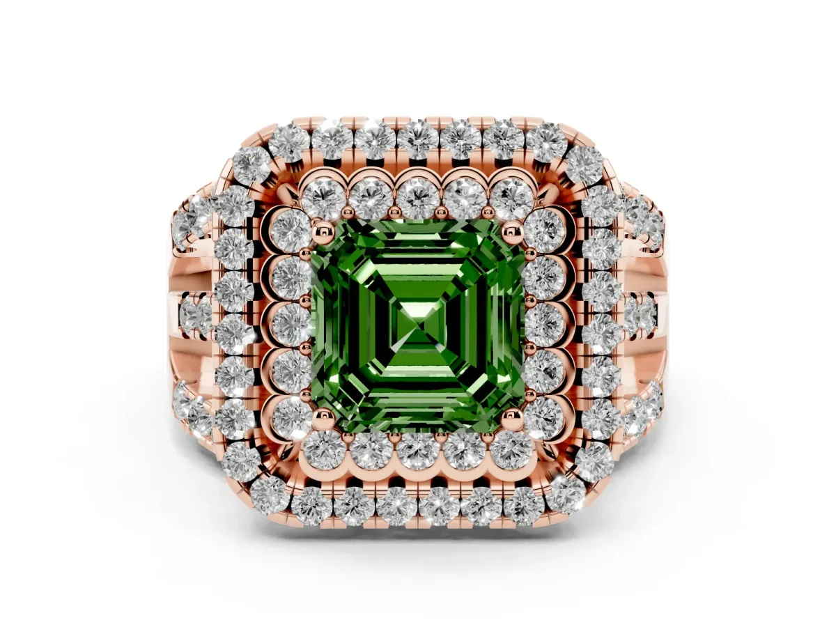 Fancy Green Asscher Cut Diamond Double Halo Ring with Round Pavé Split Shank and Prong Setting Rose gold