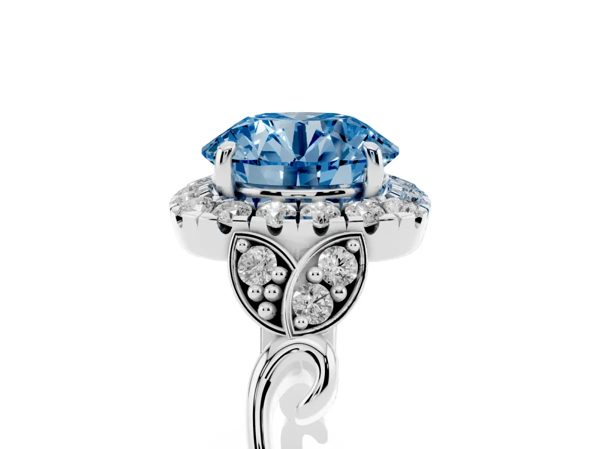 Fancy Blue Round Cut Halo Diamond Engagement Ring with Vintage-Inspired Band and Four-Prong Setting Silver