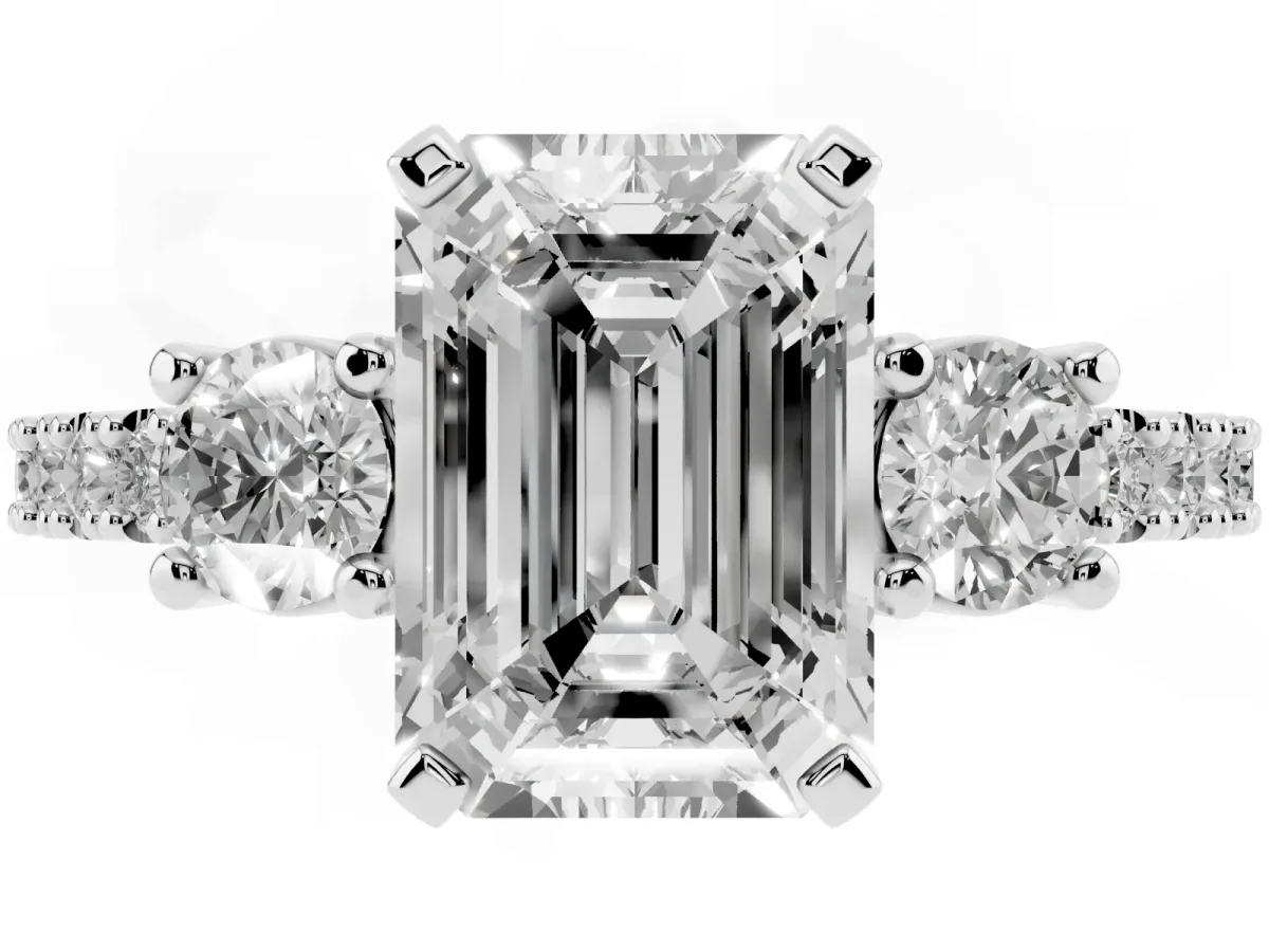 Emerald Cut Three-Stone Diamond Pavé Band with Prong Setting Silver