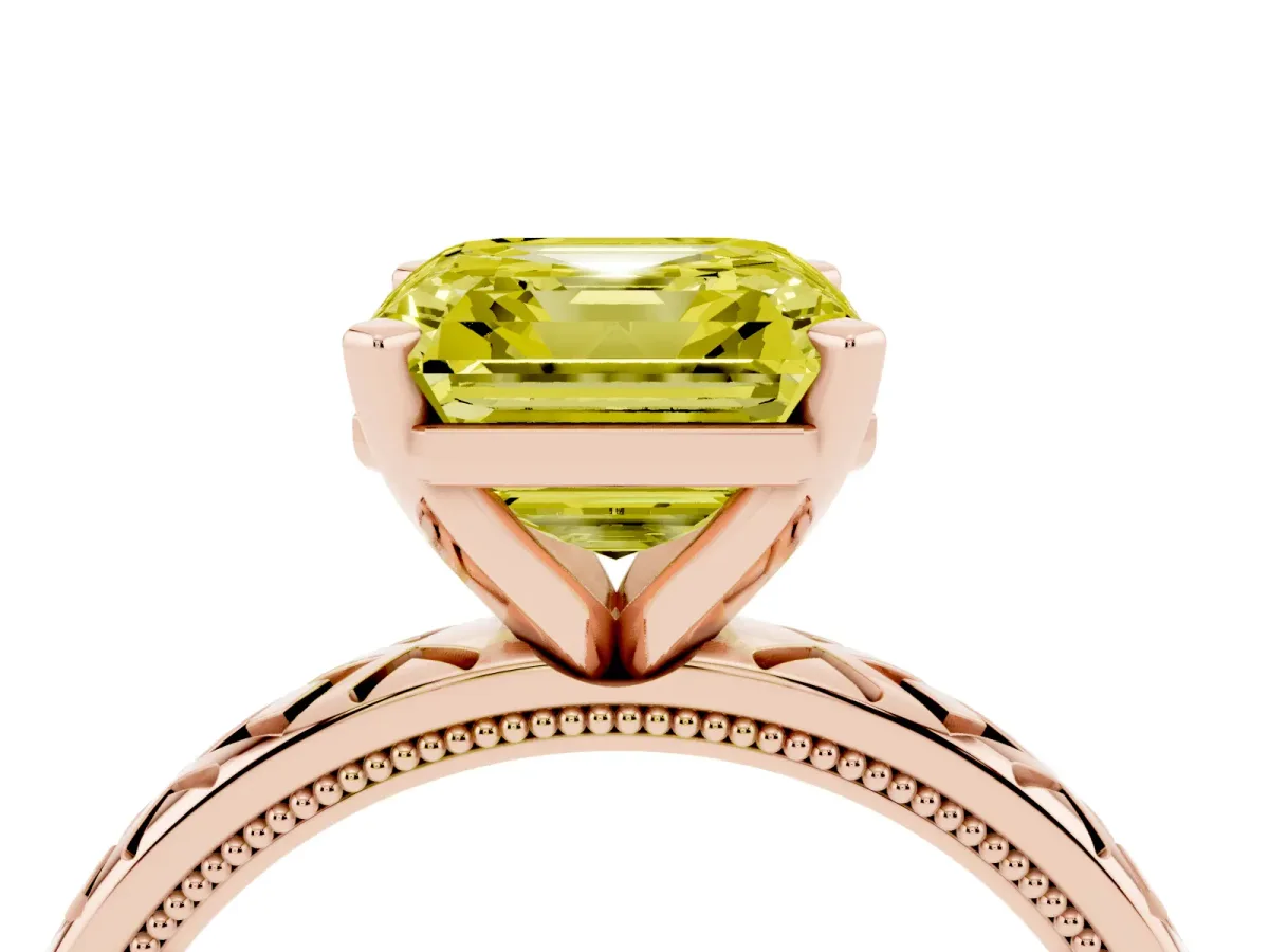 Fancy Yellow Asscher Cut Solitaire Diamond Ring with Milgrain and Black Enamel X Pattern Band Rose gold