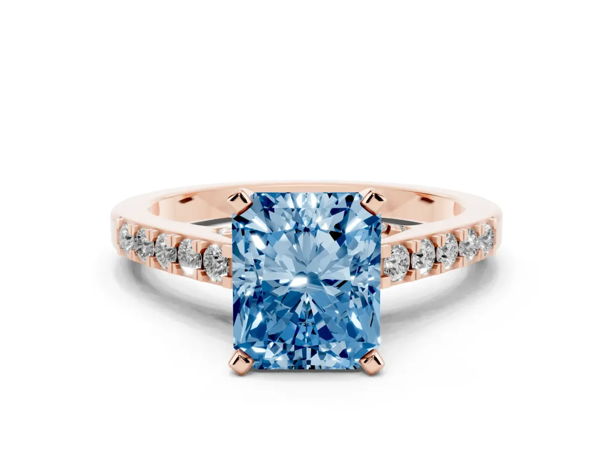 Fancy Blue Radiant Cut Diamond Solitaire Ring with Crossover Gallery and Round Pavé Band Rose gold