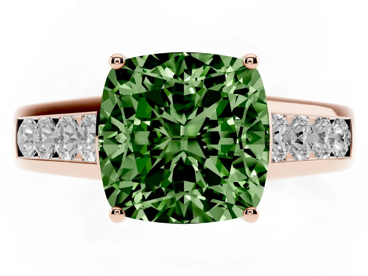 Fancy Green Cushion Cut Brilliant Channel-Set Solitaire Ring with Four-Prong Setting Rose gold