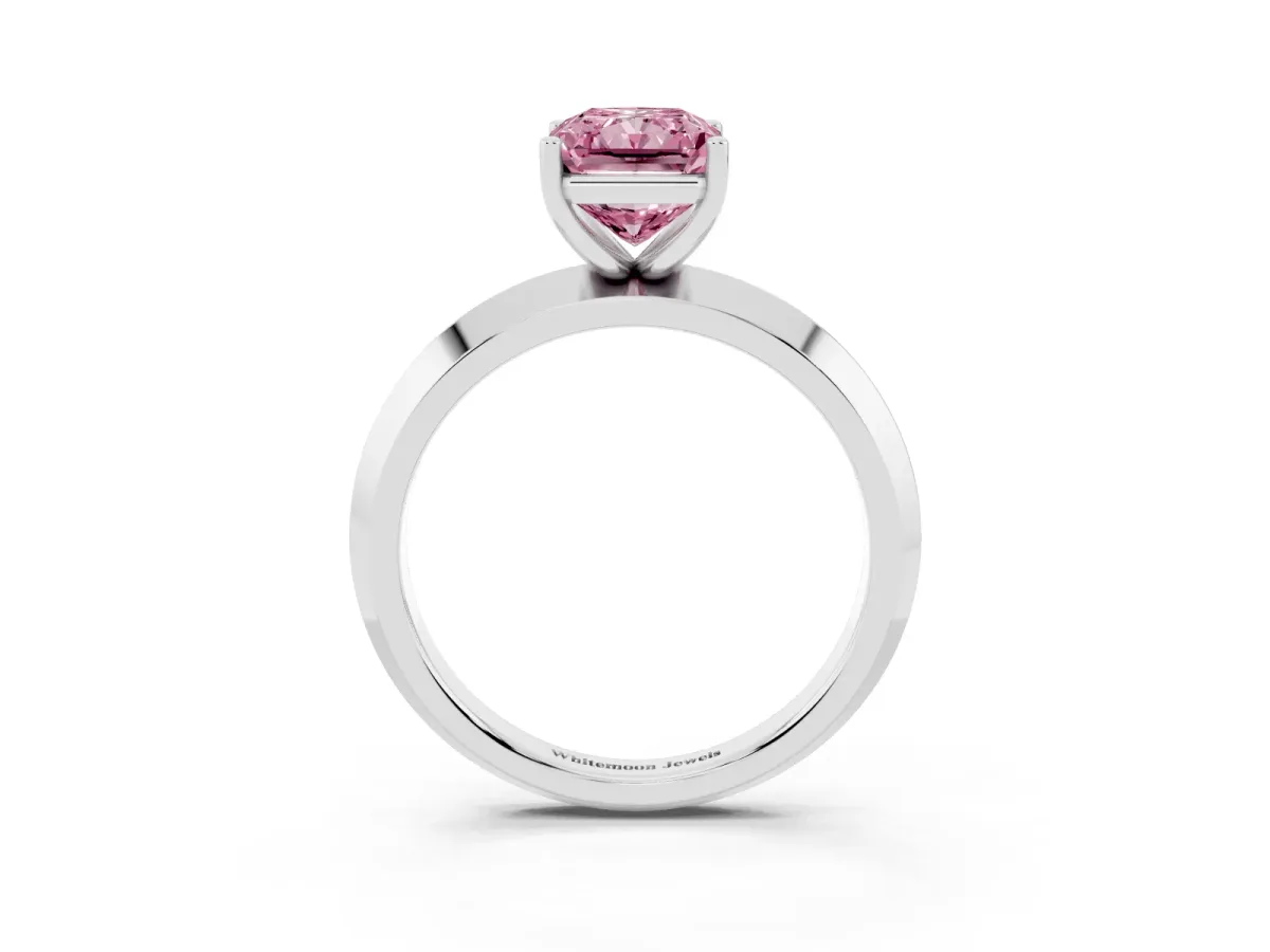 Fancy Pink Radiant Cut Cut Solitaire Engagement Ring with Flat Band and Four-Prong Setting Platinum