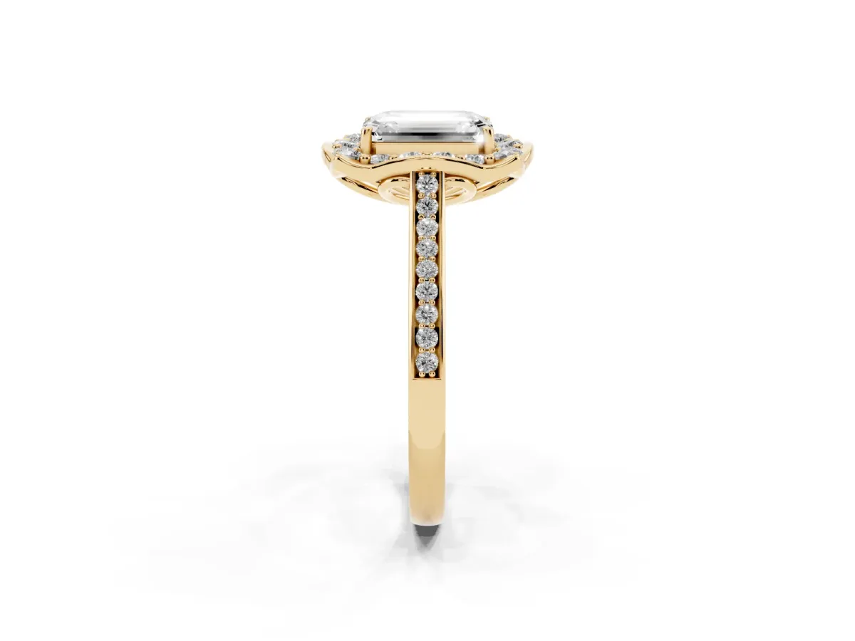 Emerald Cut Halo Round Diamond Pave Band with Four-Prong Setting Yellow gold