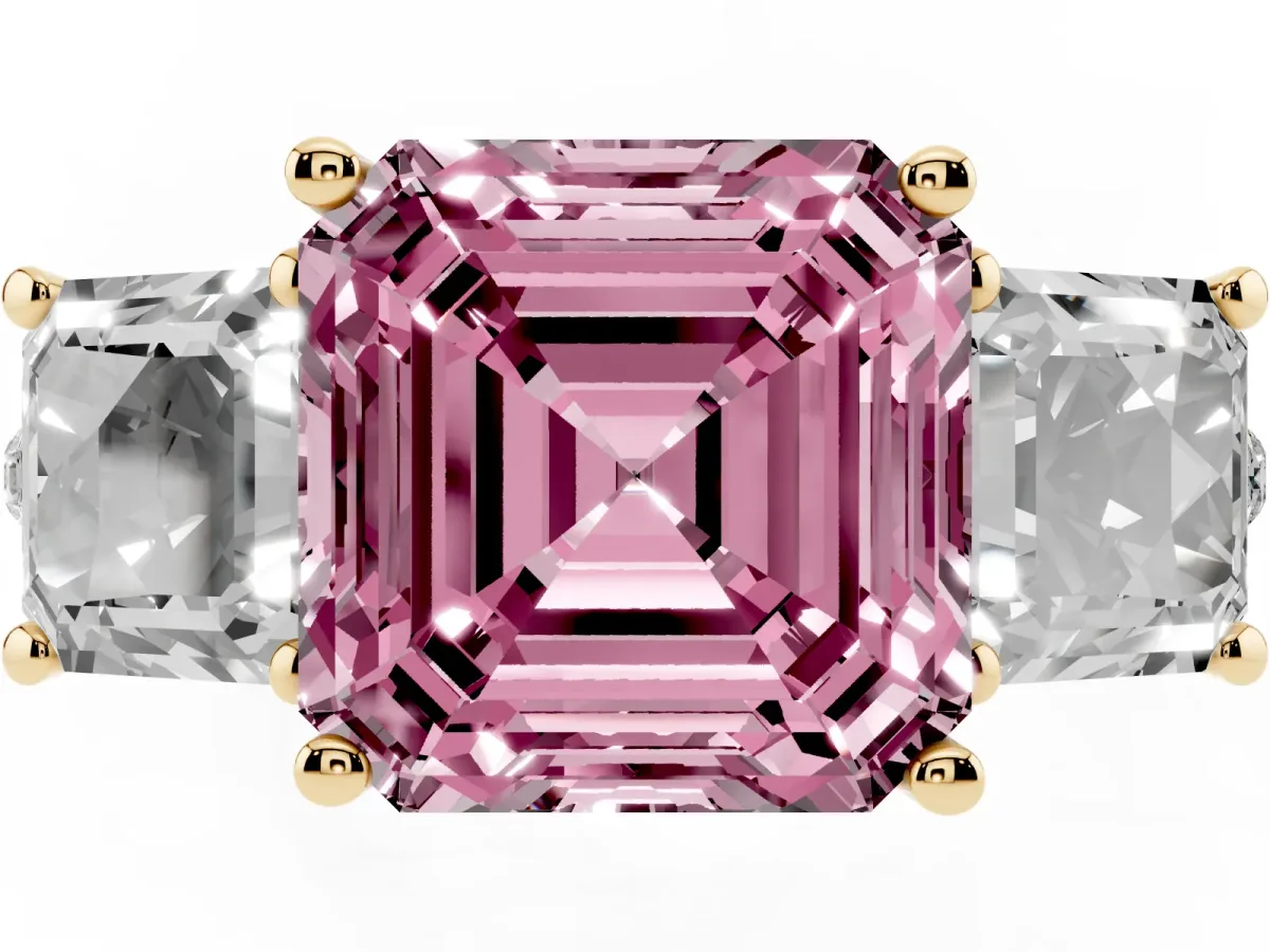 Fancy Pink Three-Stone Asscher Cut Diamond Ring with Round Pavé Band and Prong Setting Yellow gold